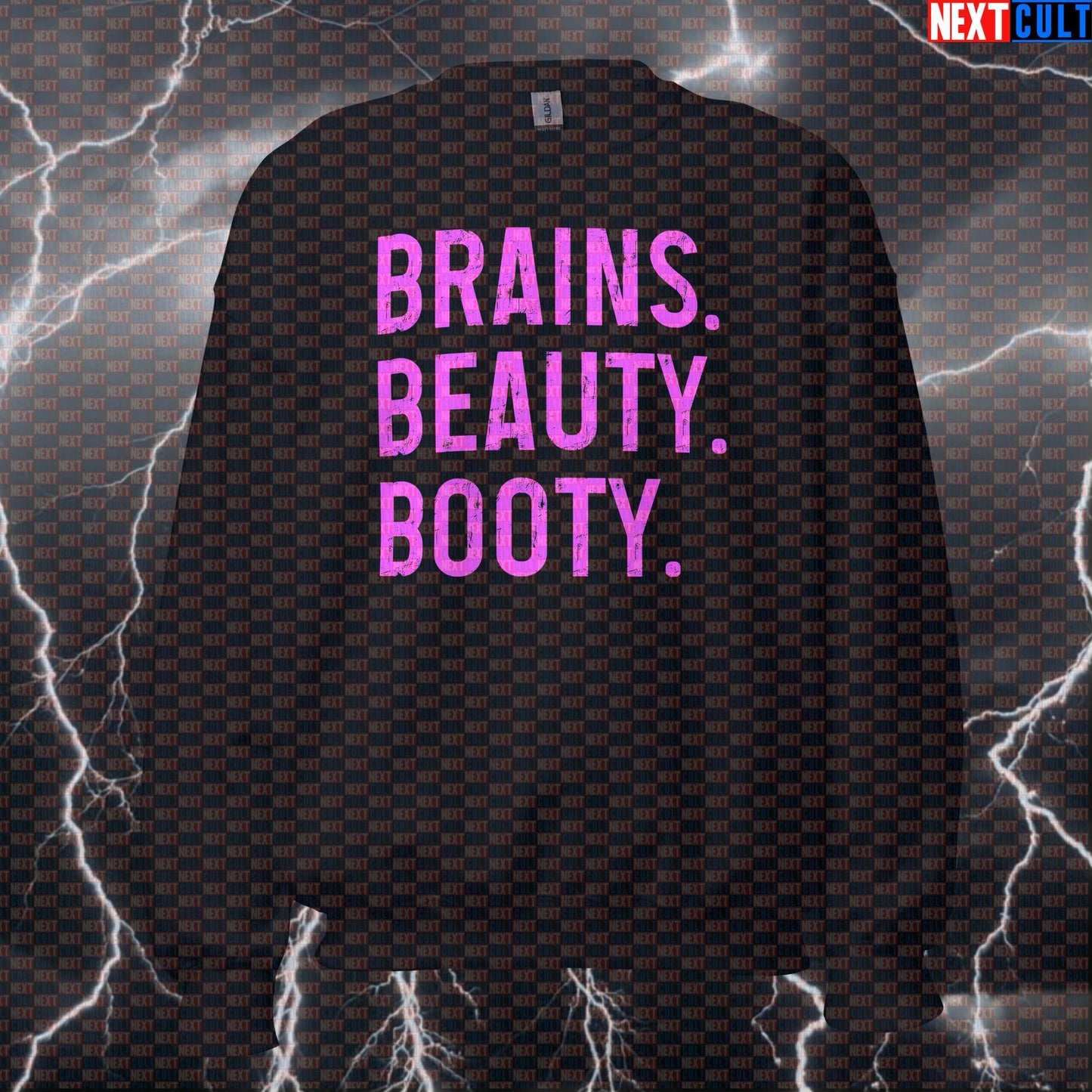 Brains Beauty Booty Funny Gym Sweatshirt | Workout Sweater For Lifters & Glute Building Fitness Meme Fans Sweatshirts Bodybuilding Fitness Gym Leg Day Pump Cover Workout Next Cult Brand
