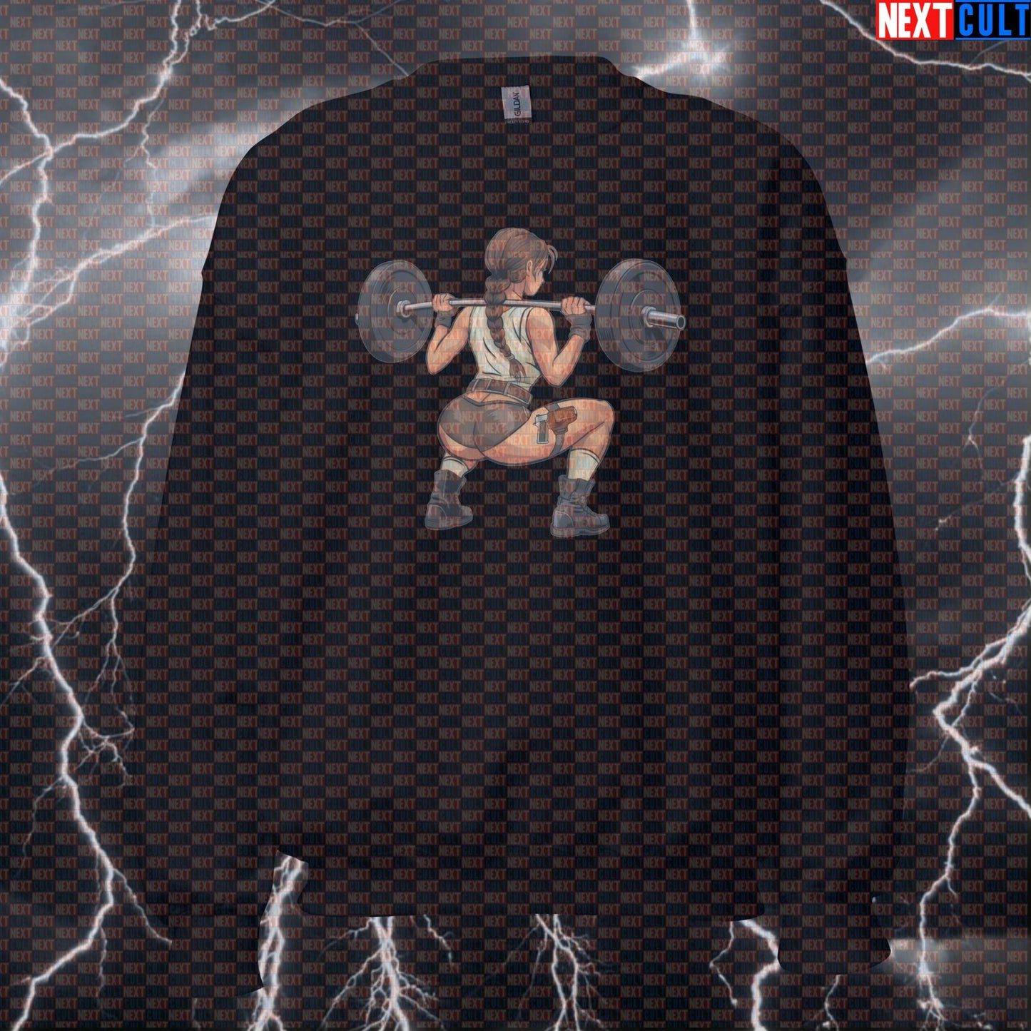 Funny Adventure Girl Gym Sweatshirt | Booty Builder Leg Day Meme Sweater | Squats Workout Pullover Top Bodybuilding Films Fitness Gym Lara Croft Leg Day Powerlifting Pump Cover Video Games Workout Next Cult Brand