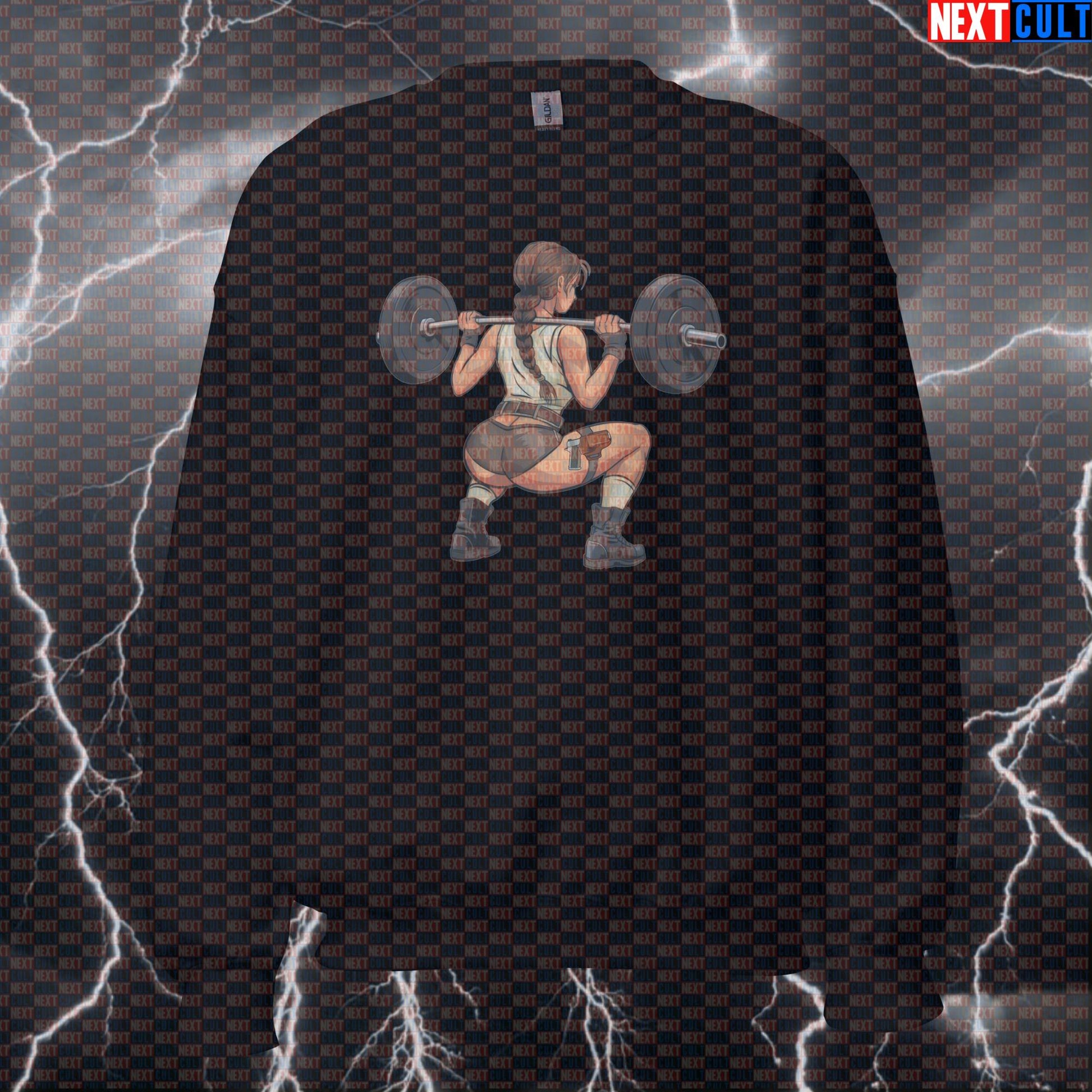 Funny Adventure Girl Gym Sweatshirt | Booty Builder Leg Day Meme Sweater | Squats Workout Pullover Top Bodybuilding Films Fitness Gym Lara Croft Leg Day Powerlifting Pump Cover Video Games Workout Next Cult Brand