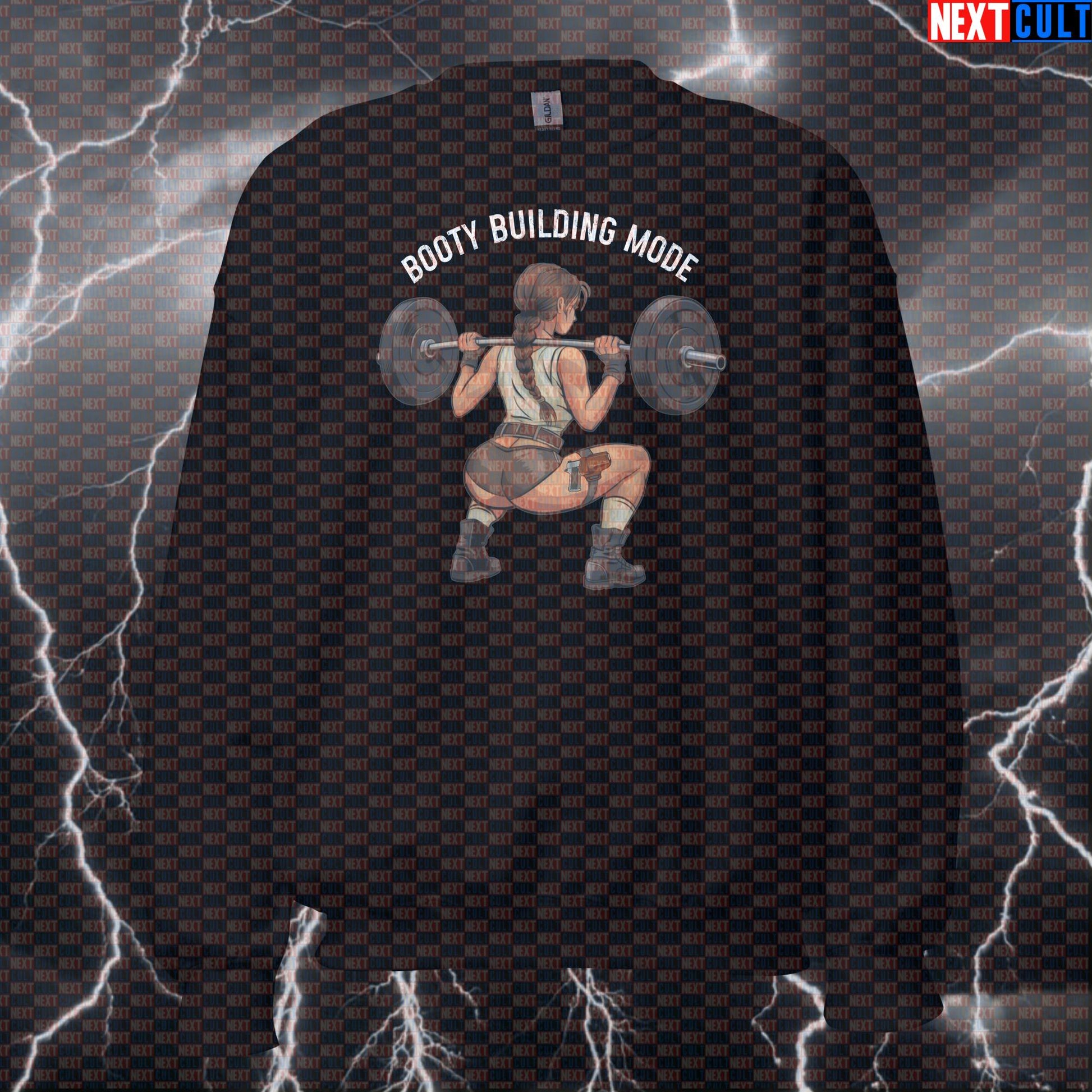 Booty Building Mode Funny Gym Sweatshirt | Workout Sweater For Squat Day & Fitness Meme Fans | Crewneck Pullover Bodybuilding Films Fitness Gym Lara Croft Leg Day Powerlifting Pump Cover Video Games Workout Next Cult Brand