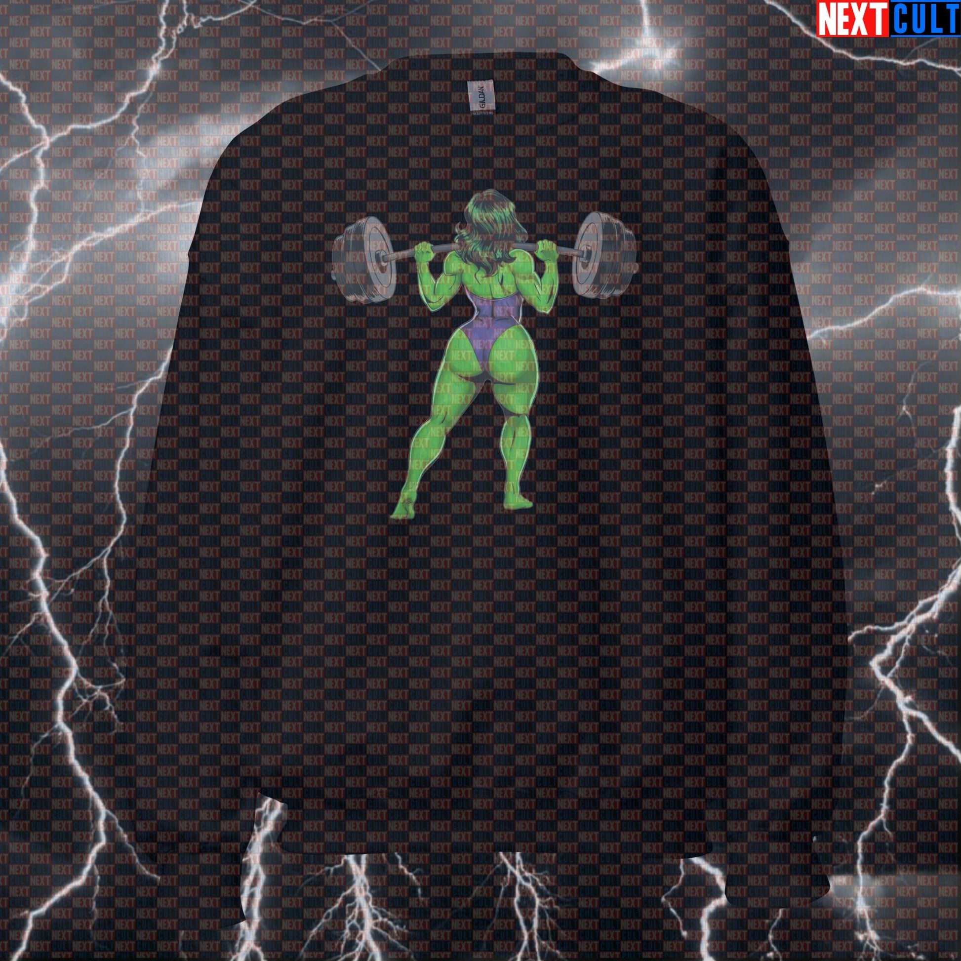 Funny Gym Girl Sweatshirt | She-Hulk Workout Sweater For Weightlifting & Leg Day | Fitness Meme Pullover Sweatshirts Avengers Bodybuilding Films Fitness Gym Hulk Leg Day Powerlifting Pump Cover Superheroes Workout Next Cult Brand