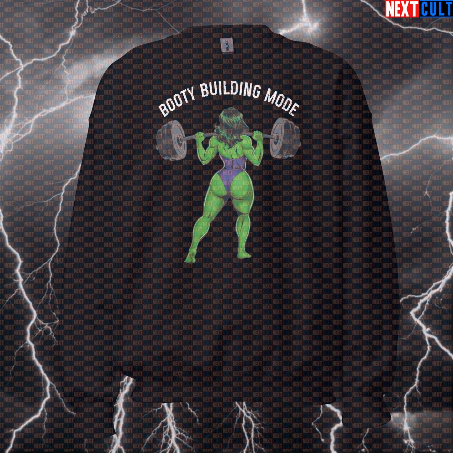 Booty Building Mode Gym Sweatshirt | Funny Workout Sweater For Leg Day & Squats | Fitness Meme Pullover Avengers Bodybuilding Films Fitness Gym Hulk Leg Day Powerlifting Pump Cover Superheroes Workout Next Cult Brand
