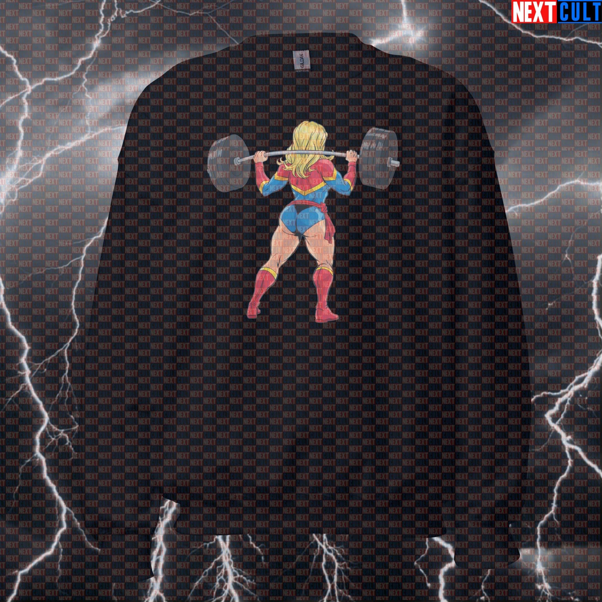 Funny Booty Builder Gym Sweatshirt | Captain Marvel Workout Sweater For Leg Day & Squats | Fitness Meme Pullover Sweatshirts Avengers Bodybuilding Captain Marvel Films Fitness Gym Leg Day Powerlifting Pump Cover Superheroes Workout Next Cult Brand