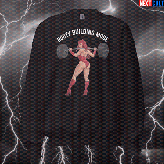 Funny Booty Building Mode Gym Sweatshirt | Gym Witch Meme Workout Sweater For Leg Day & Squat Gains Sweatshirts Avengers Bodybuilding Films Fitness Gym Leg Day Powerlifting Pump Cover Superheroes Workout Next Cult Brand