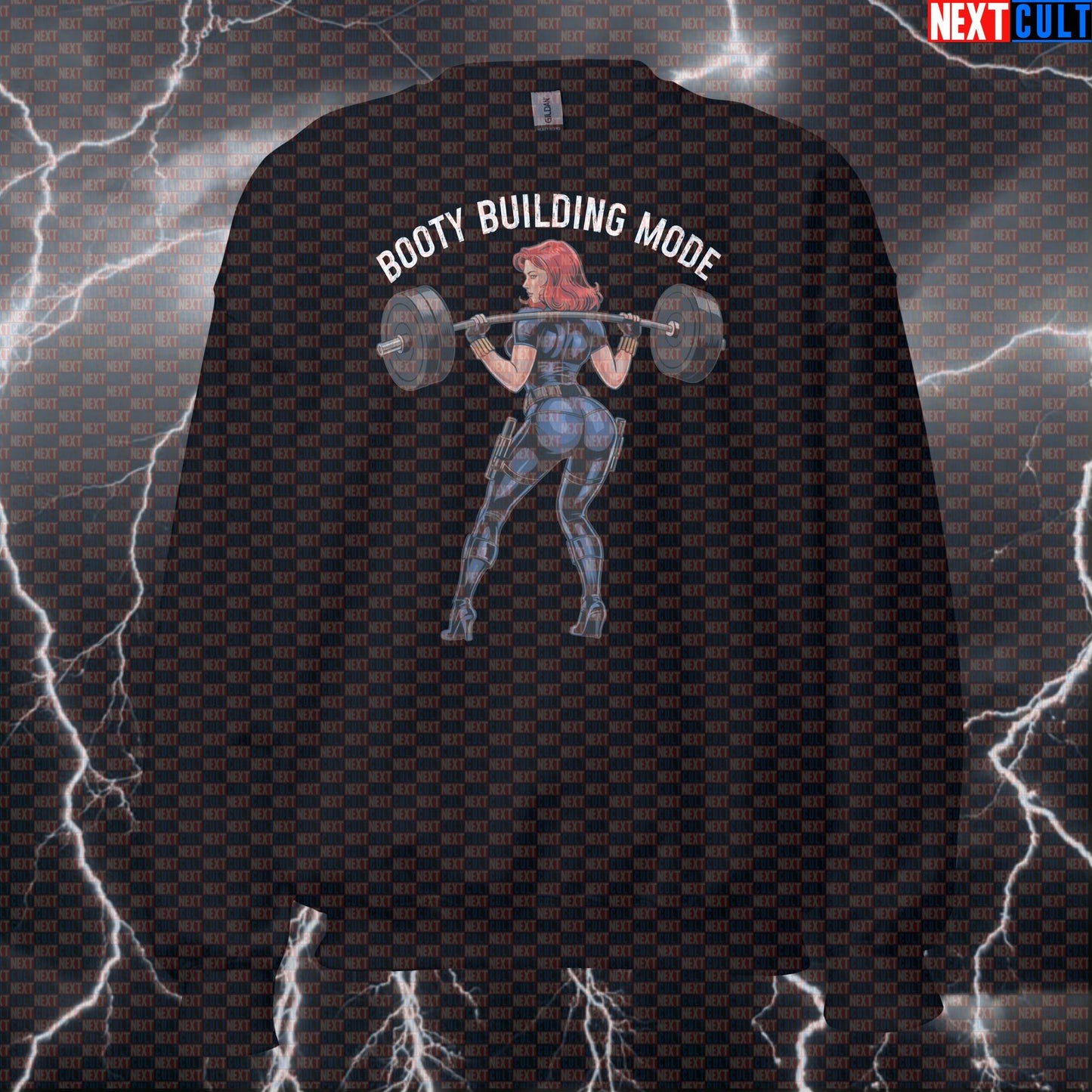 Booty Building Mode Gym Sweatshirt | Funny Workout Sweater For Gym Girls | Squats & Glutes Meme Pullover Avengers Black Widow Bodybuilding Films Fitness Gym Leg Day Powerlifting Pump Cover Superheroes Workout Next Cult Brand