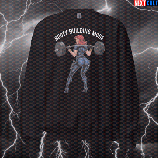 Booty Building Mode Gym Sweatshirt | Funny Workout Sweater For Gym Girls | Squats & Glutes Meme Pullover Avengers Black Widow Bodybuilding Films Fitness Gym Leg Day Powerlifting Pump Cover Superheroes Workout Next Cult Brand