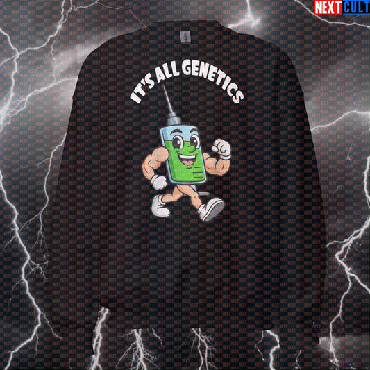 It's All Genetics Natty Or Not Funny Gym Sweatshirt | Juiced Bodybuilding Meme Pullover Sweatshirts Bodybuilding Fitness Gym Pump Cover Steroids Workout Next Cult Brand
