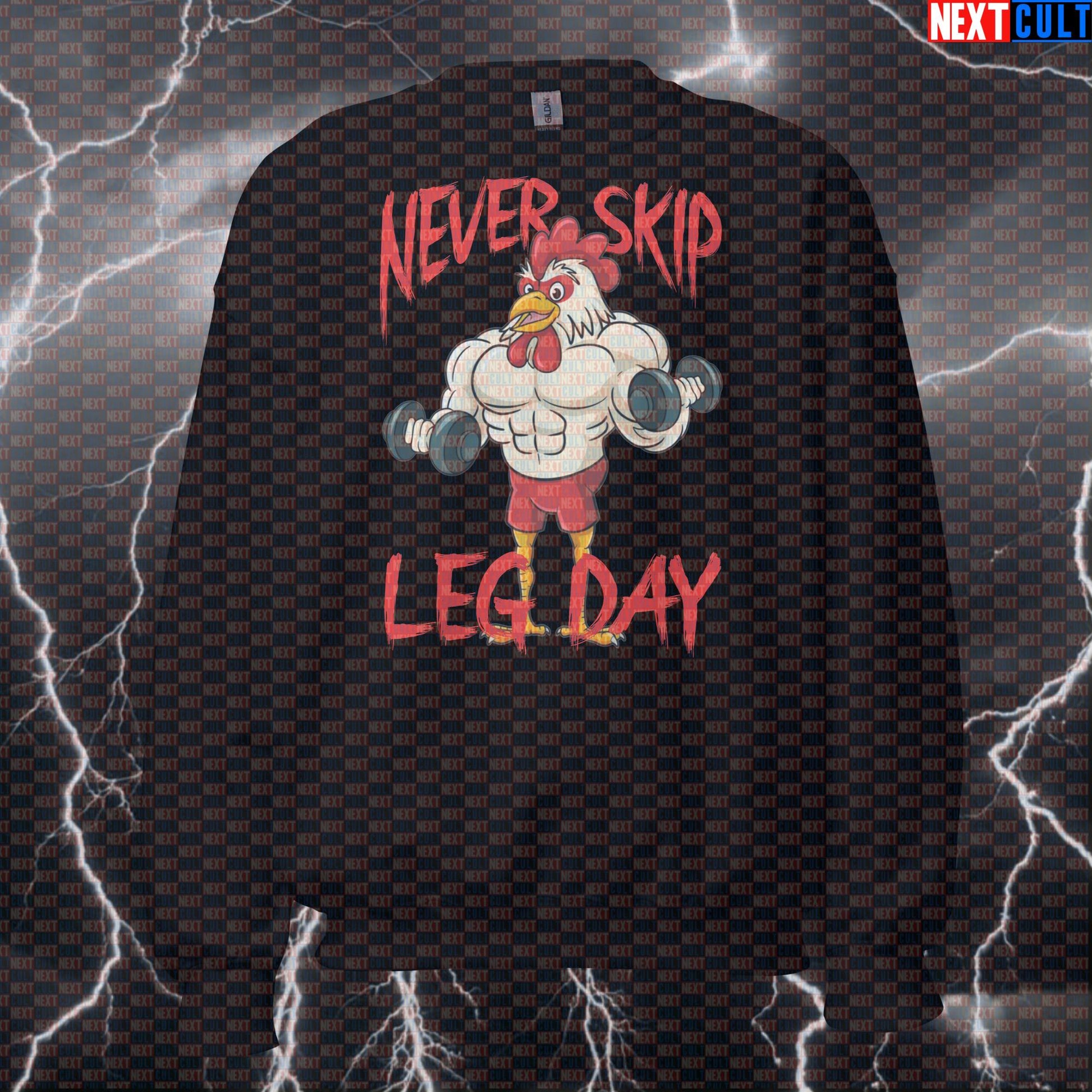 Never Skip Leg Day Funny Gym Sweatshirt | Chicken Legs Meme Workout Sweater For Lifters & Gym Bros Bodybuilding Fitness Gym Leg Day Powerlifting Workout Next Cult Brand