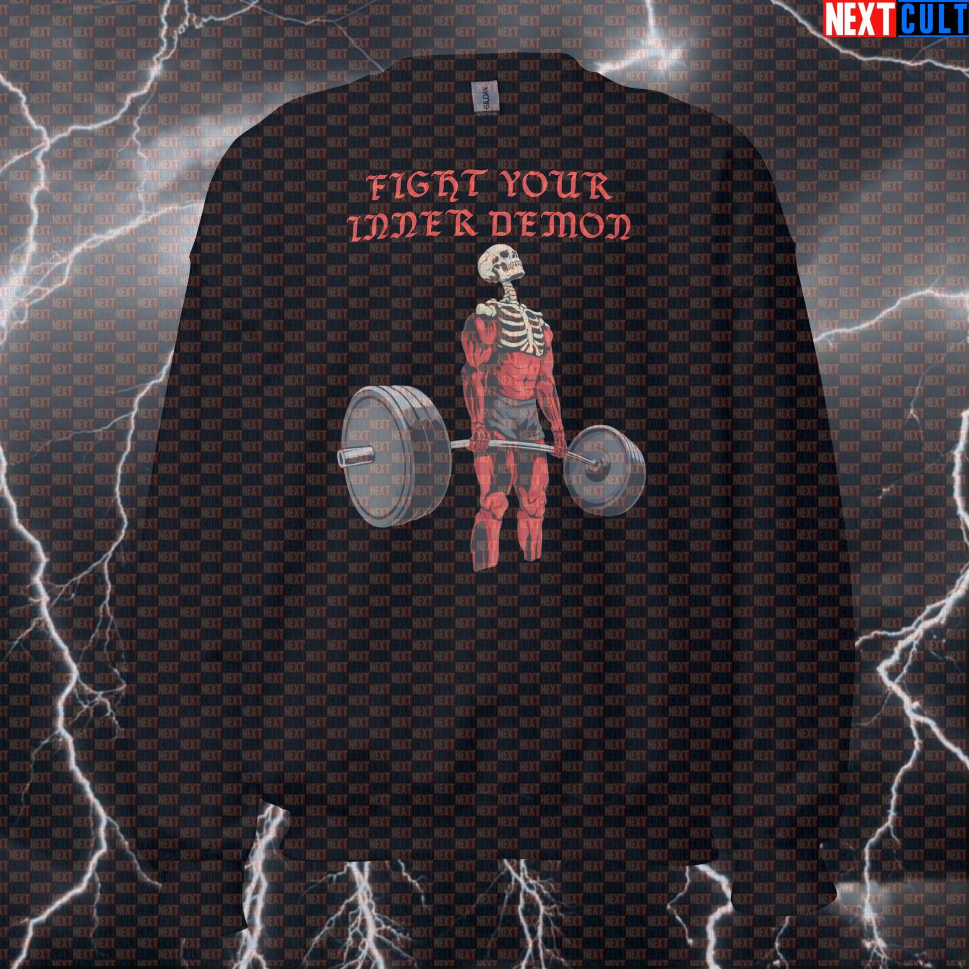 Funny Fight Your Inner Demon Gym Sweatshirt | Workout Sweater For Lifters & Fitness Meme Fans | Motivational Pullover Bodybuilding Fitness Gym Leg Day Powerlifting Pump Cover Workout Next Cult Brand