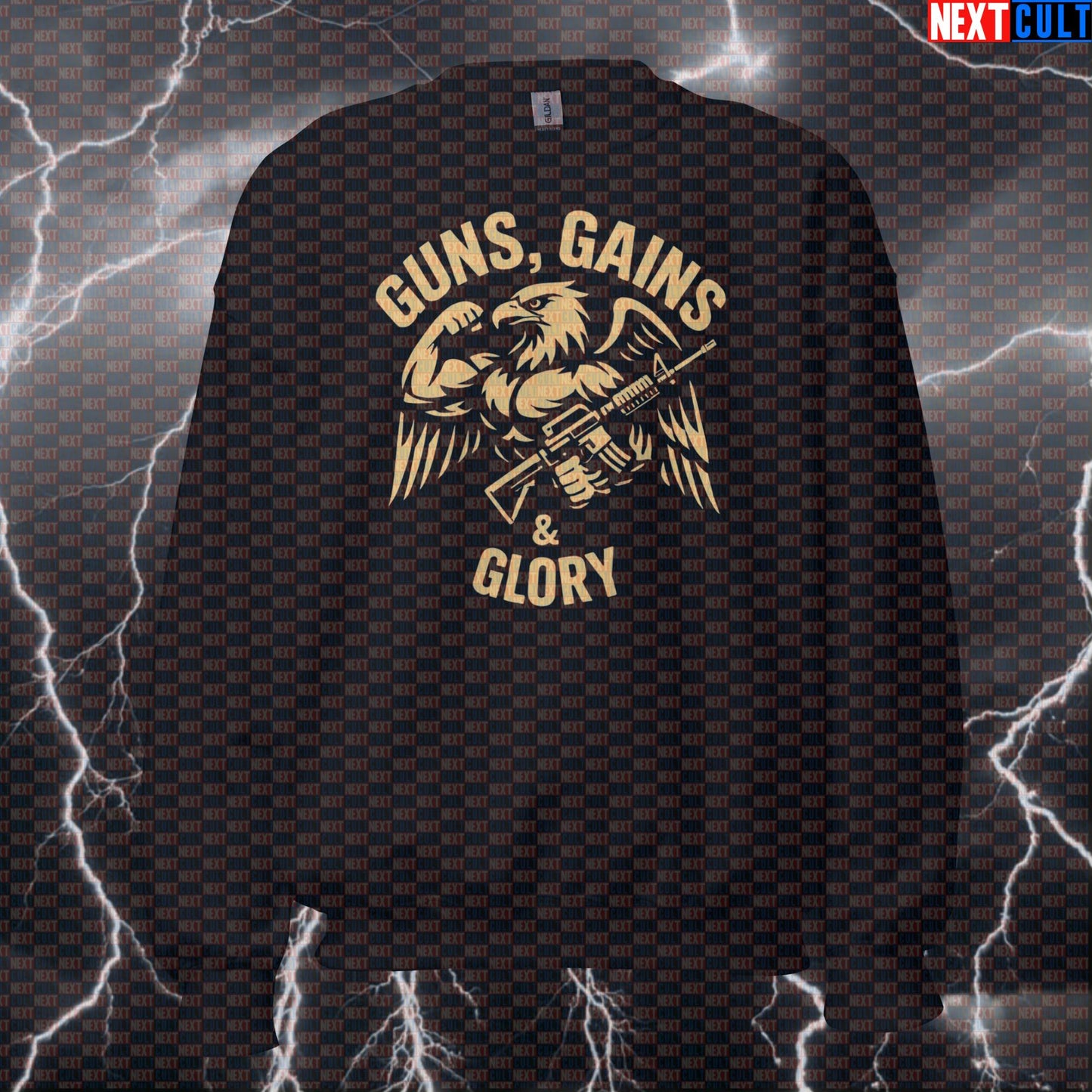 Guns Gains Glory Funny Gym Sweatshirt | American Eagle Workout Sweater For Lifters | Fitness Meme Pullover Sweatshirts 4th of July Bodybuilding Fitness Gym Powerlifting Pump Cover Workout Next Cult Brand