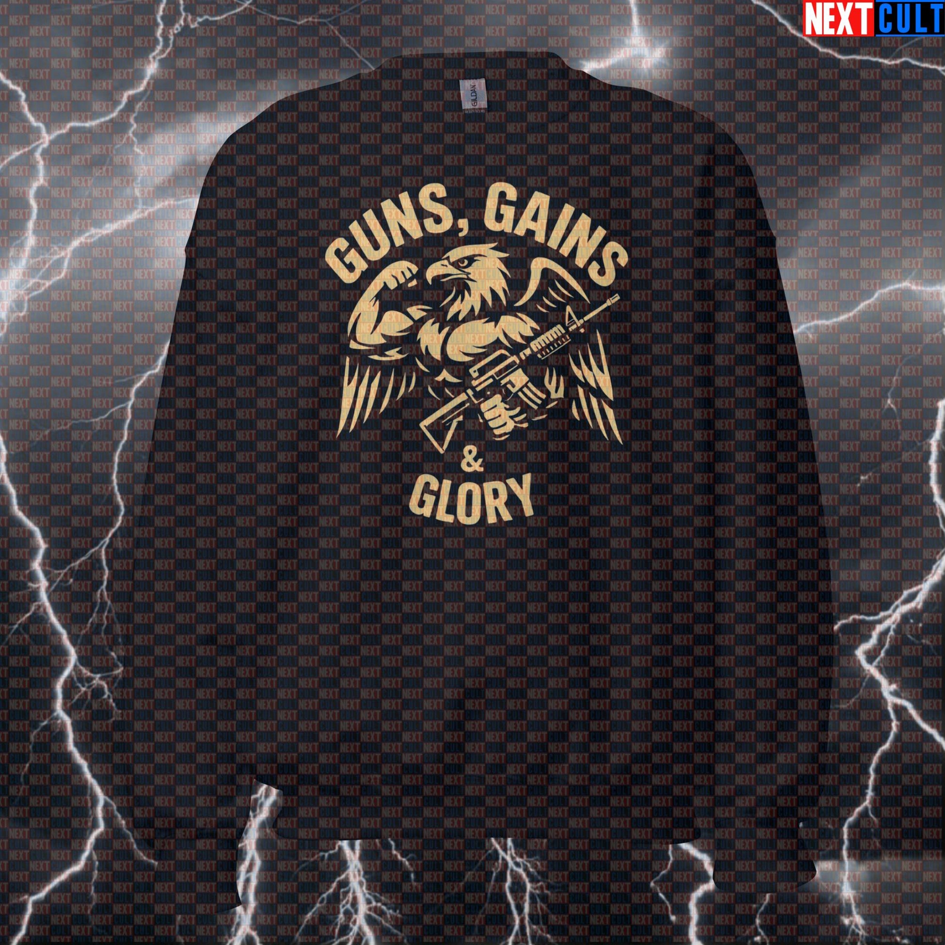 Guns Gains Glory Funny Gym Sweatshirt | American Eagle Workout Sweater For Lifters | Fitness Meme Pullover Sweatshirts 4th of July Bodybuilding Fitness Gym Powerlifting Pump Cover Workout Next Cult Brand