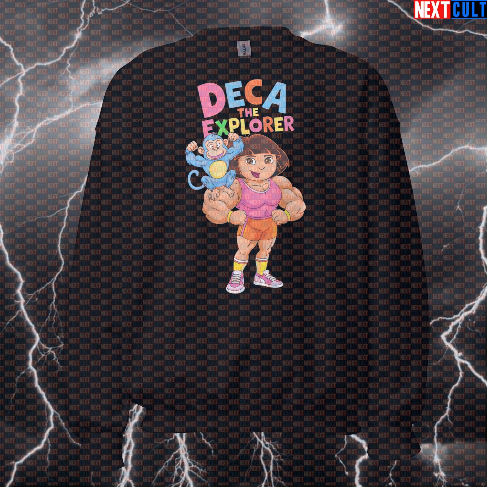 Deca The Explorer Funny Gym Sweatshirt | Enhanced Lifter Crewneck | Bodybuilding Meme Workout Sweater Bodybuilding Fitness Gym Pump Cover Steroids TV Workout Next Cult Brand