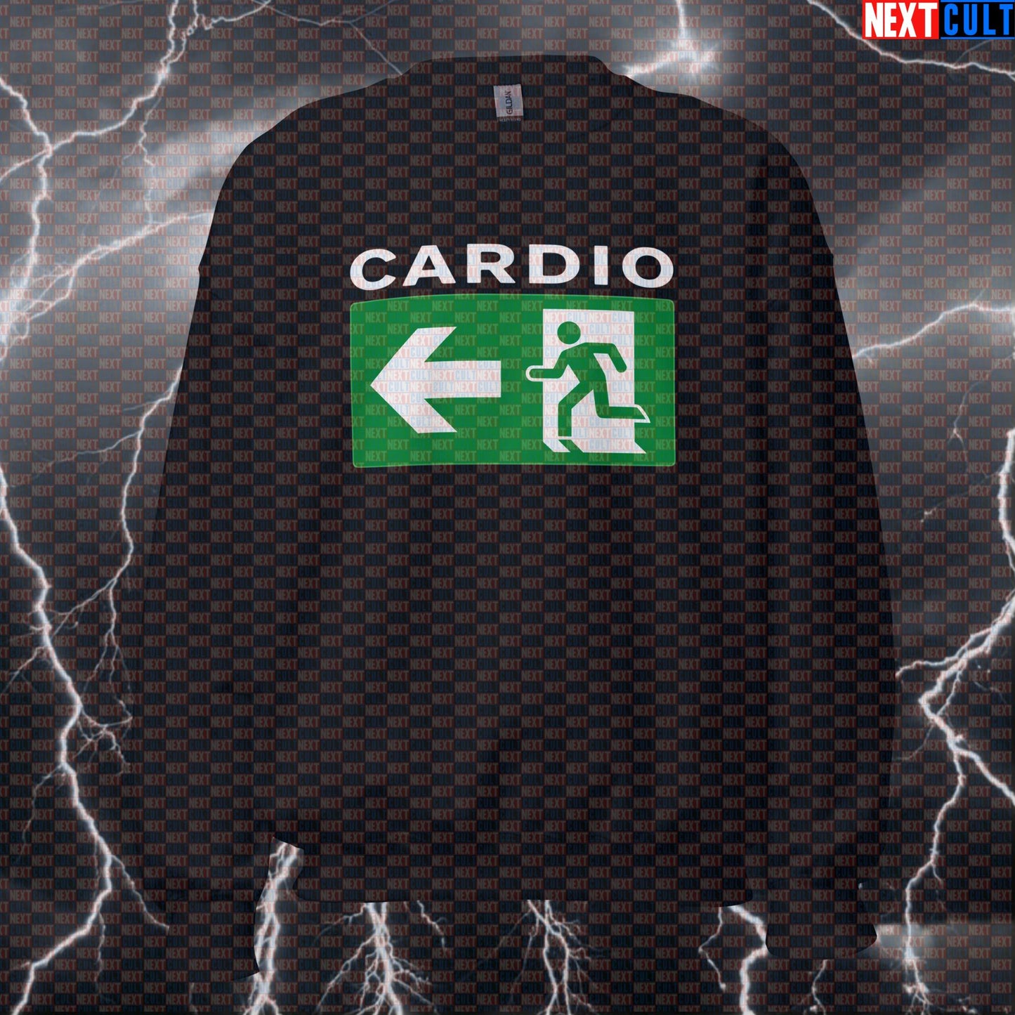 Funny Skip Cardio Gym Sweatshirt | Exit Cardio Meme Workout Sweater For Lifters | Fitness Pullover Top Bodybuilding Cardio Fitness Gym Pump Cover Workout Next Cult Brand