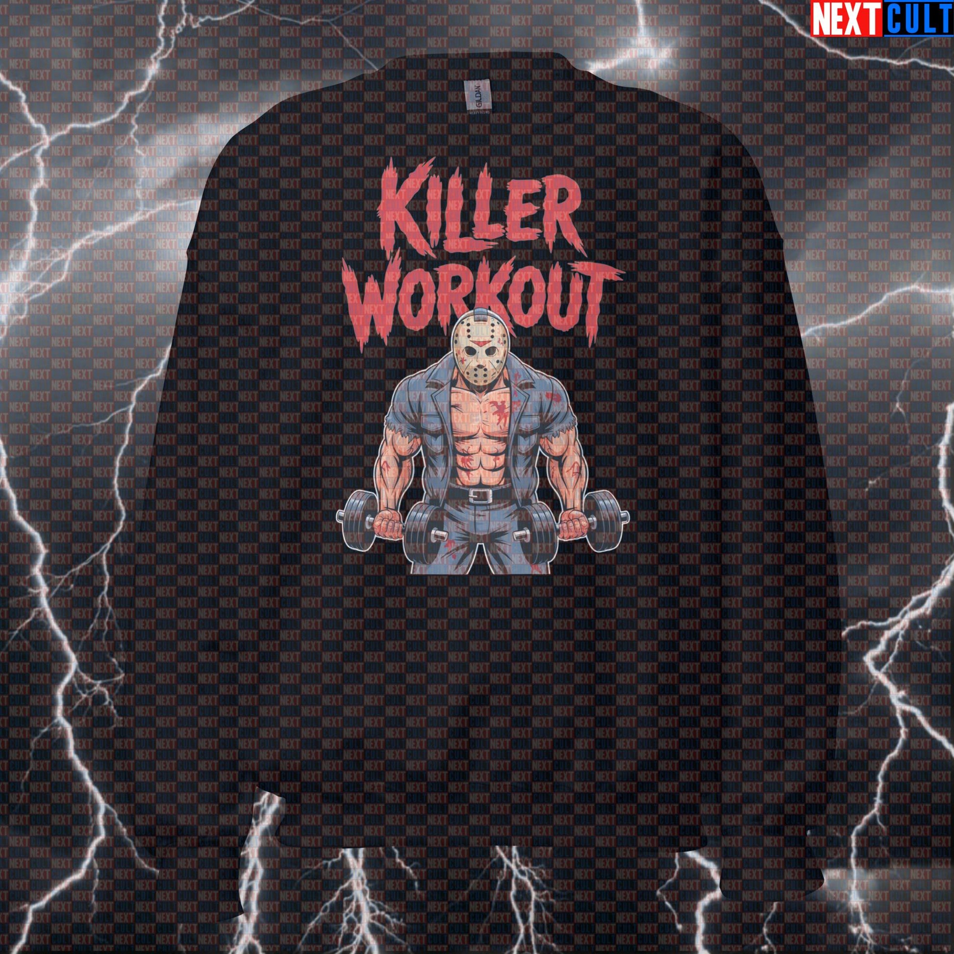 Killer Workout Horror Gym Sweatshirt | Spooky Friday the 13th Sweater | Halloween Fitness Meme Pullover Bodybuilding Films Fitness Gym Halloween Pump Cover Workout Next Cult Brand
