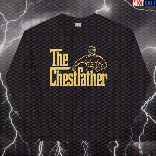 The Chestfather Funny Gym Sweatshirt | Arnold Bodybuilding Meme Sweater | Big Chest Pump Cover Pullover Arnold Schwarzenegger Bodybuilding Films Fitness Gym Pump Cover The Godfather Workout Next Cult Brand