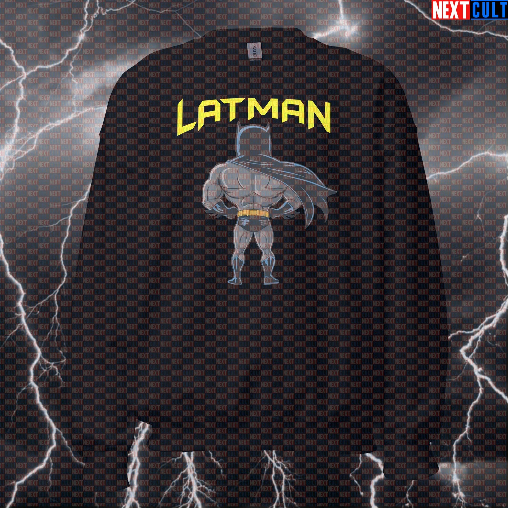 Lat Man Big Back Sweatshirt - Funny Gym Jumper for Lifters with Huge Lats - Workout Pullover Crewneck for Back Day Gains Batman Bodybuilding Films Fitness Gym Justice League Pump Cover Superheroes Workout Next Cult Brand