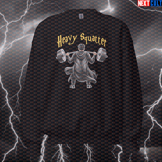 Heavy Squatter Funny Gym Sweatshirt | Harry Potter Squat Meme Workout Sweater | Leg Day Pullover Bodybuilding Books Films Fitness Gym Harry Potter Leg Day Powerlifting Pump Cover Workout Next Cult Brand