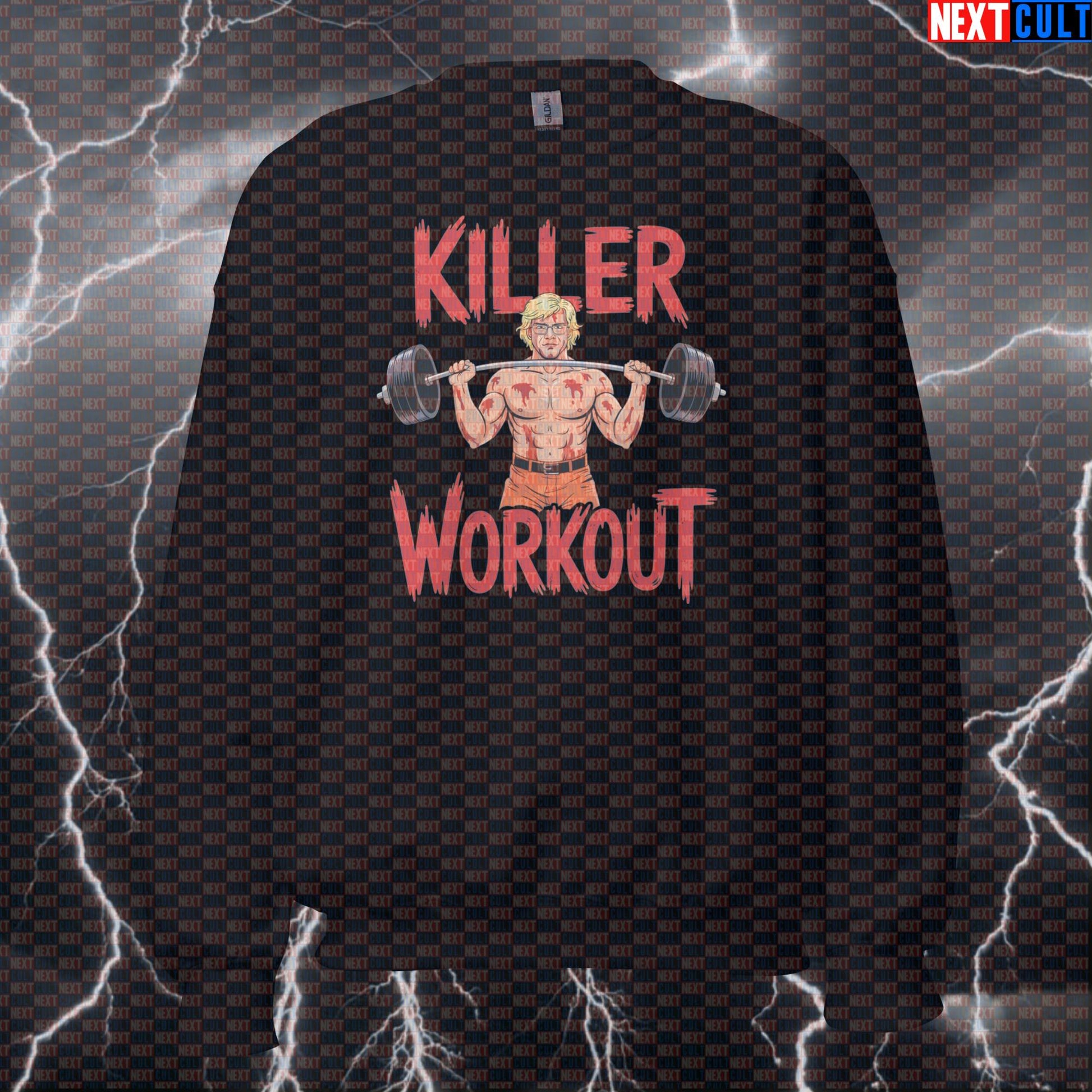 Killer Workout Horror Gym Sweatshirt | Scary Jeffrey Dahmer Meme Pullover | Funny Halloween Gym Sweater Bodybuilding Fitness Gym Halloween Powerlifting Pump Cover TV Workout Next Cult Brand