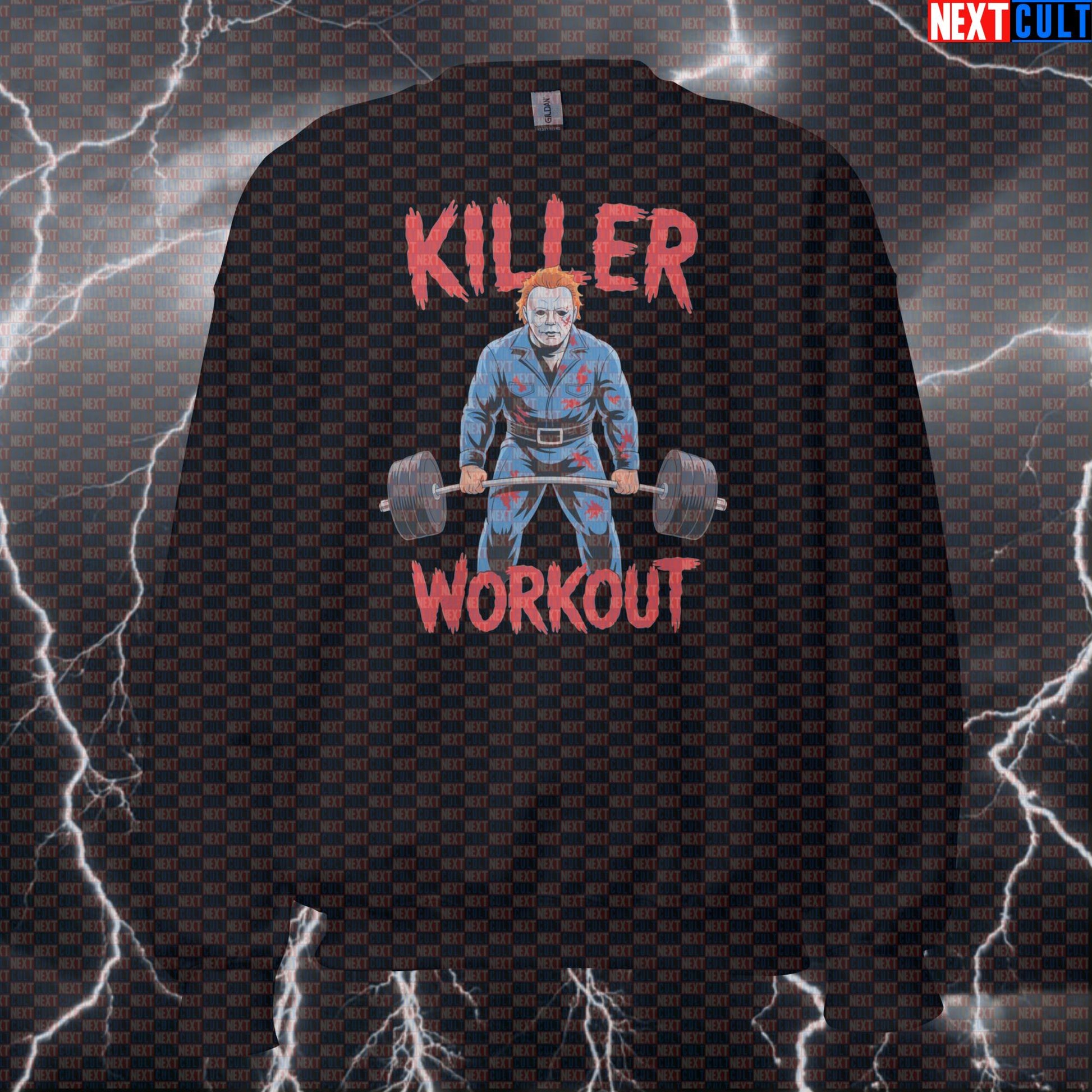 Killer Workout Horror Gym Sweatshirt | Scary Halloween Fitness Meme Sweater | Funny Gym Pullover Bodybuilding Films Fitness Gym Halloween Powerlifting Pump Cover Workout Next Cult Brand