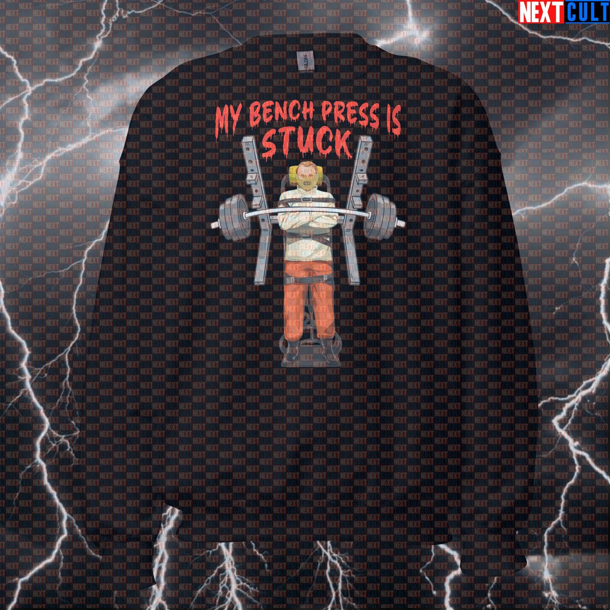 My Bench Press Is Stuck Funny Gym Sweatshirt | Horror Movie Meme Workout Sweater | Scary Pump Cover Pullover Bodybuilding Films Fitness Gym Halloween Powerlifting Pump Cover Workout Next Cult Brand