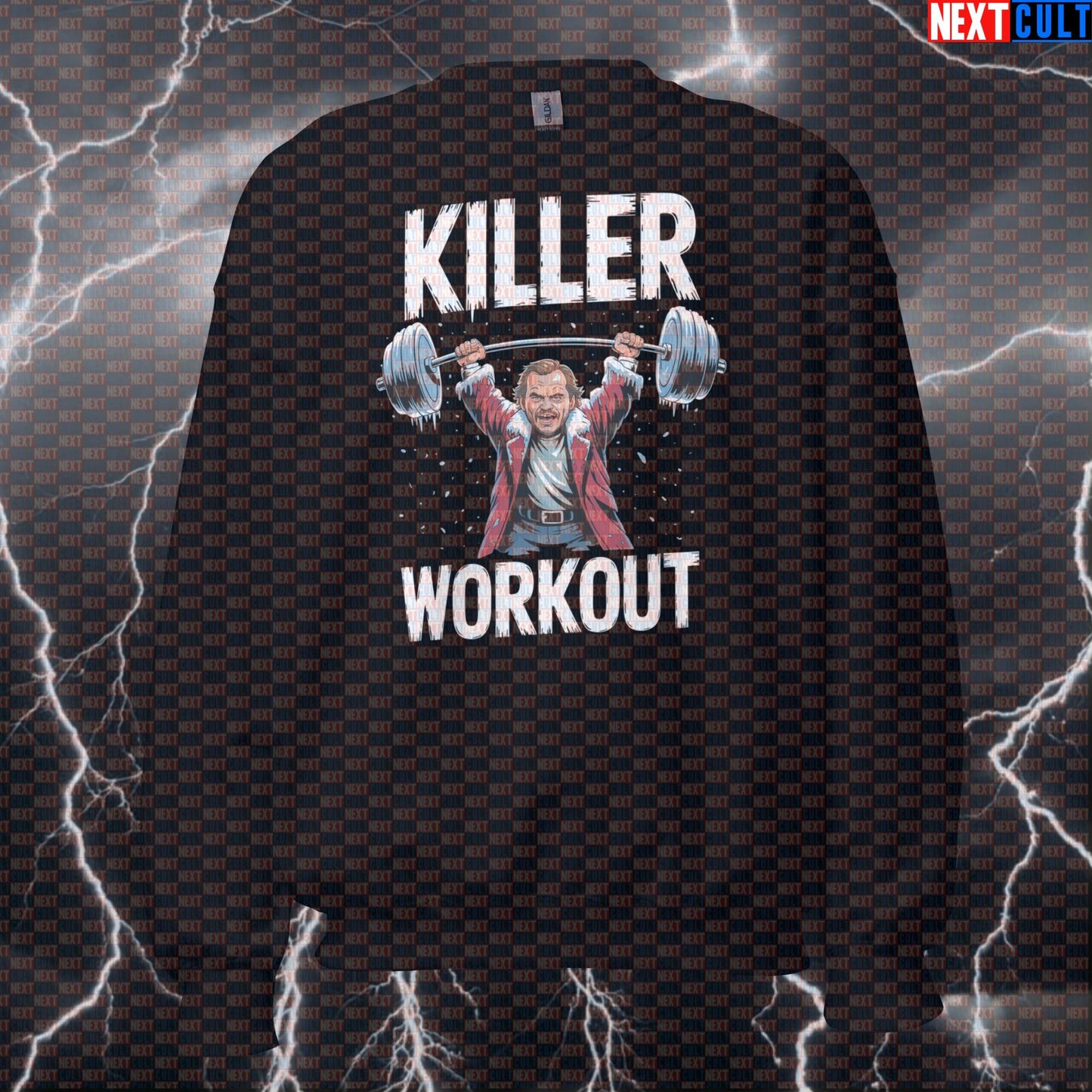Killer Workout Horror Gym Sweatshirt | Scary The Shining Pumpkin Pullover | Funny Halloween Workout Sweater Films Fitness Gym Halloween Powerlifting Pump Cover Workout Next Cult Brand