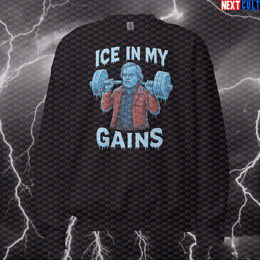 Ice In My Gains The Shining Gym Meme Sweatshirt | Funny Workout Pullover Films Fitness Gym Halloween Powerlifting Pump Cover Workout Next Cult Brand