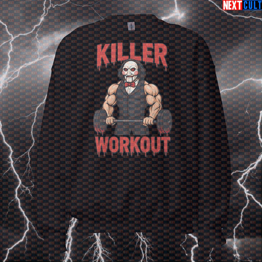 Jigsaw's Fitness Game Horror Meme Sweatshirt | Funny Gym Workout Pullover Bodybuilding Films Fitness Gym Halloween Powerlifting Pump Cover Workout Next Cult Brand