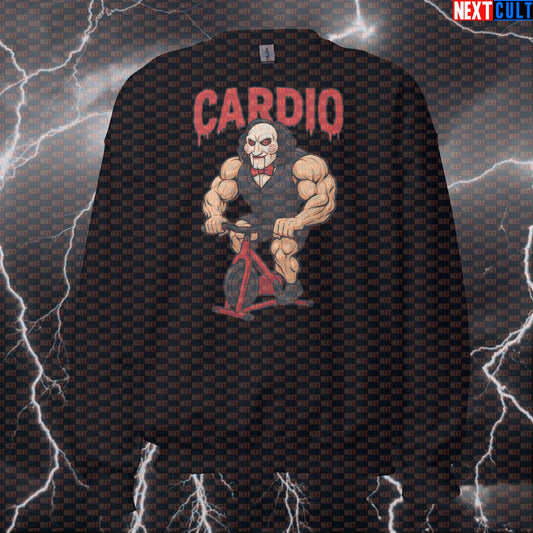 Jigsaw's Cardio Killer Workout Funny Gym Sweatshirt | Spin Bike Horror Pullover Cardio Films Fitness Gym Halloween Pump Cover Workout Next Cult Brand