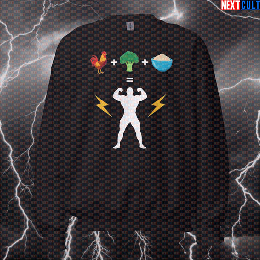 Powered By Chicken Broccoli Rice Sweatshirt | Funny Gym Bro Sweater | Fitness Meme Workout Pullover Sweatshirts Bodybuilding Fast Food Fitness Gym Pump Cover Workout Next Cult Brand