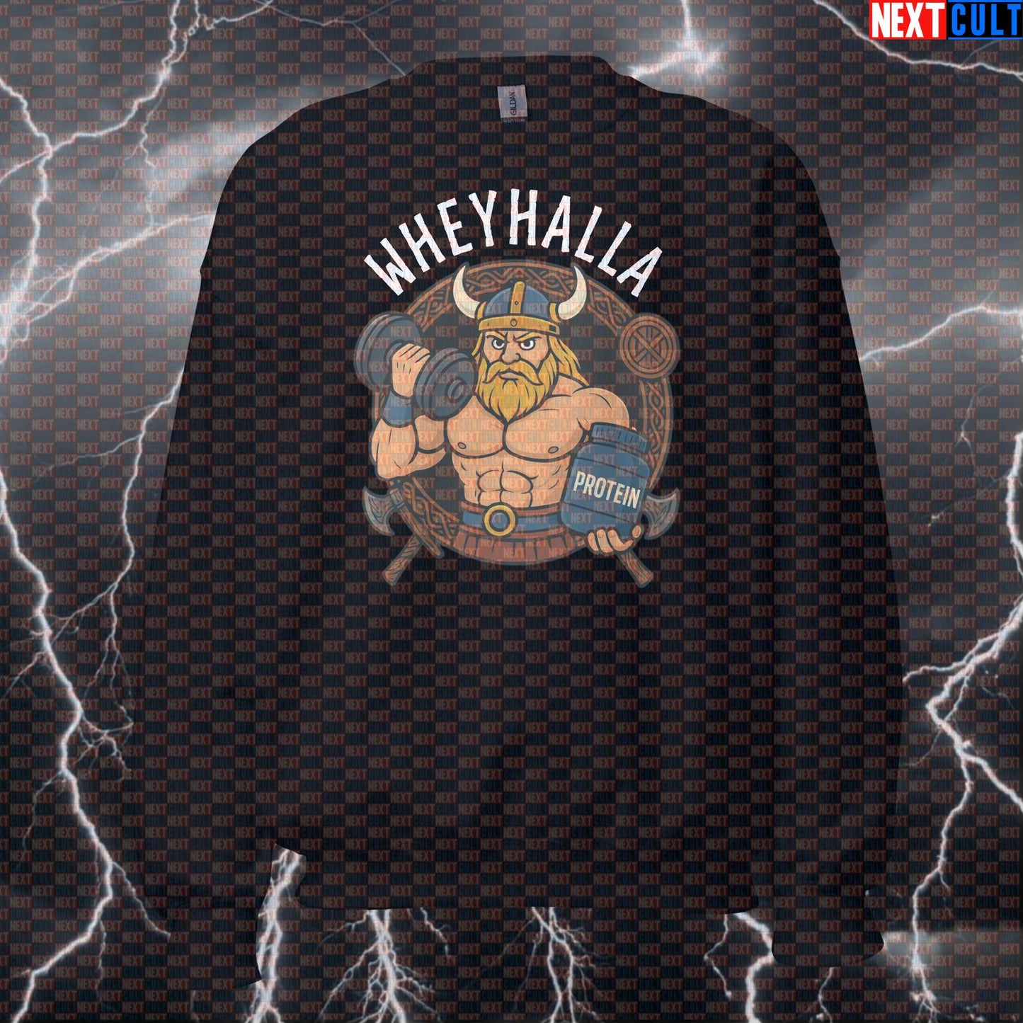 Wheyhalla Viking Workout Sweatshirt | Funny Gym Jumper For Bodybuilding & Powerlifting Sweatshirts Bodybuilding Fitness Gym Pump Cover Vikings Workout Next Cult Brand