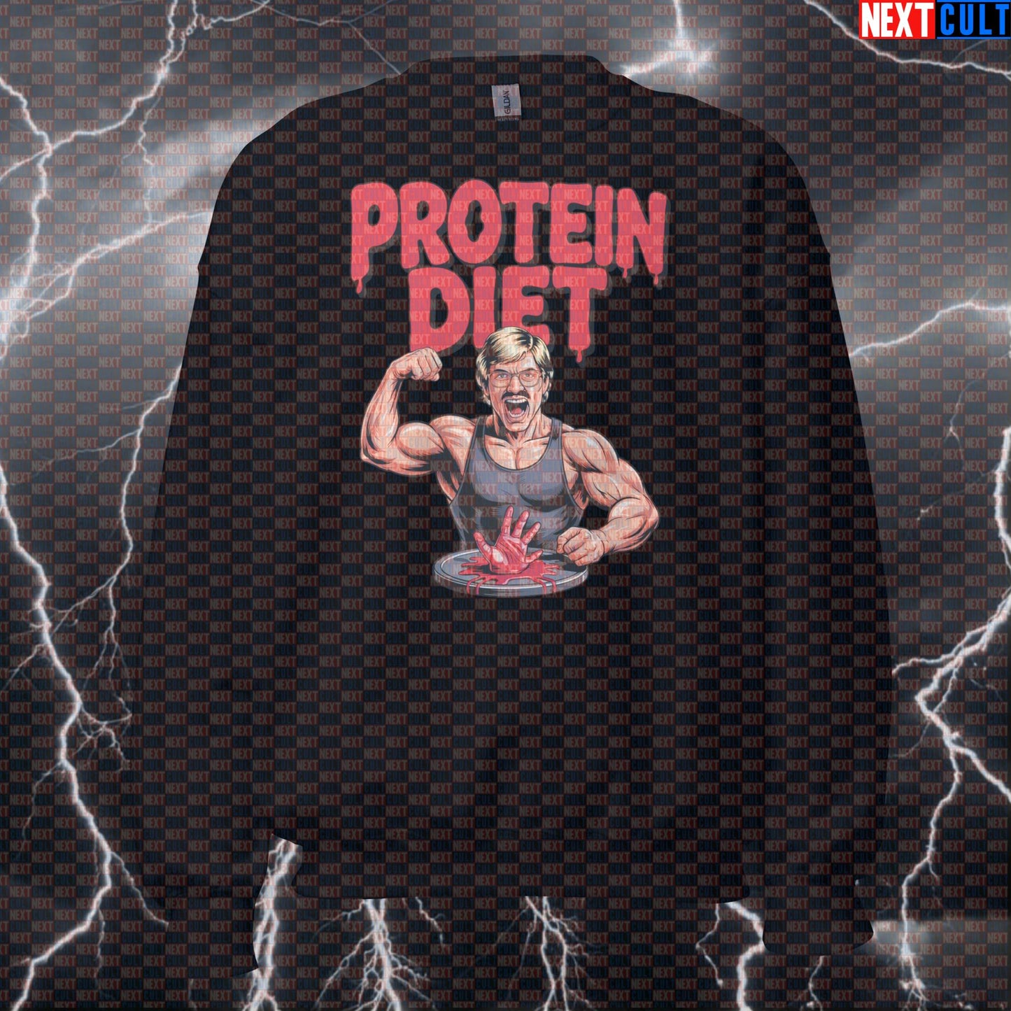 Funny Protein Diet Gym Sweatshirt | Dark Humor Workout Sweater For Lifters | Cannibal Meme Pullover Sweatshirts Bodybuilding Fast Food Films Fitness Gym Halloween Pump Cover Workout Next Cult Brand