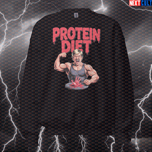 Funny Protein Diet Gym Sweatshirt | Dark Humor Workout Sweater For Lifters | Cannibal Meme Pullover Sweatshirts Bodybuilding Fast Food Films Fitness Gym Halloween Pump Cover Workout Next Cult Brand