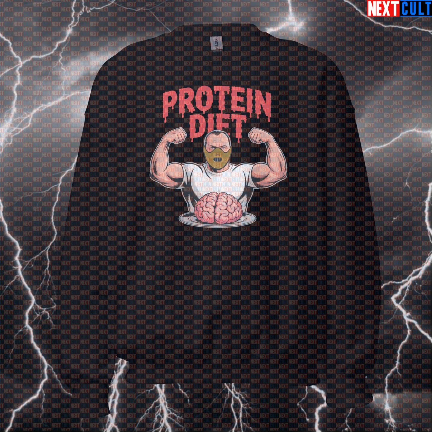 Funny Cannibal Gym Sweatshirt | Protein Diet Meme Workout Sweater for Lifters | Horror Pump Cover Pullover Sweatshirts Bodybuilding Fast Food Films Fitness Gym Halloween Pump Cover Workout Next Cult Brand