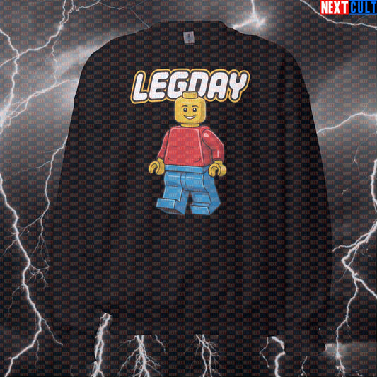 Leg Day Gains Funny Gym Sweatshirt | LEGO Inspired Workout Sweater For Squats & Deadlifts | Fitness Meme Pullover Sweatshirts Bodybuilding Fitness Gym Leg Day LEGO Powerlifting Pump Cover Workout Next Cult Brand