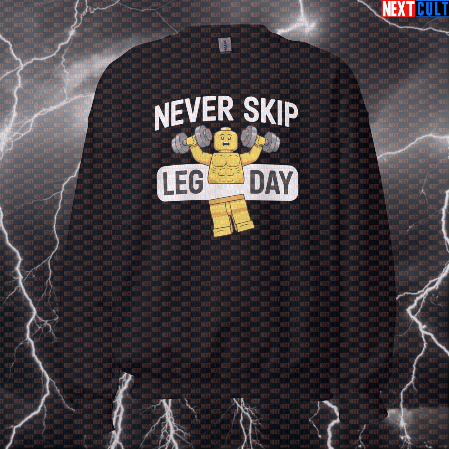 Never Skip Leg Day Funny Gym Sweatshirt | LEGO Workout Sweater For Squats & Deadlifts | Fitness Meme Pullover Sweatshirts Bodybuilding Fitness Gym Leg Day LEGO Powerlifting Pump Cover Workout Next Cult Brand