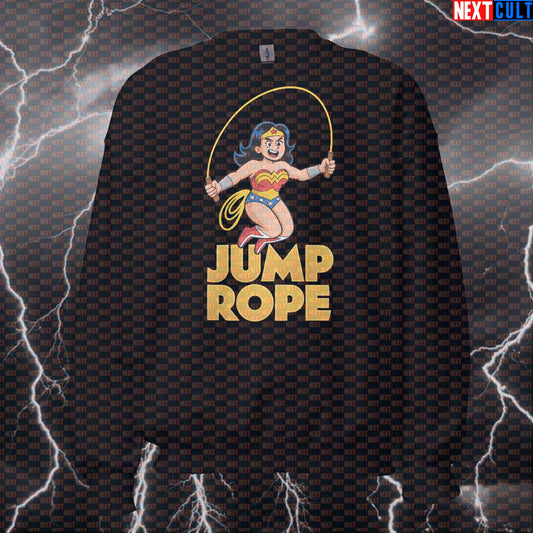 Jump Rope Wonder Woman Gym Sweatshirt | Funny Superhero Cardio Workout Pullover Sweatshirts Cardio Films Fitness Gym Justice League Pump Cover Superheroes Wonder Woman Workout Next Cult Brand