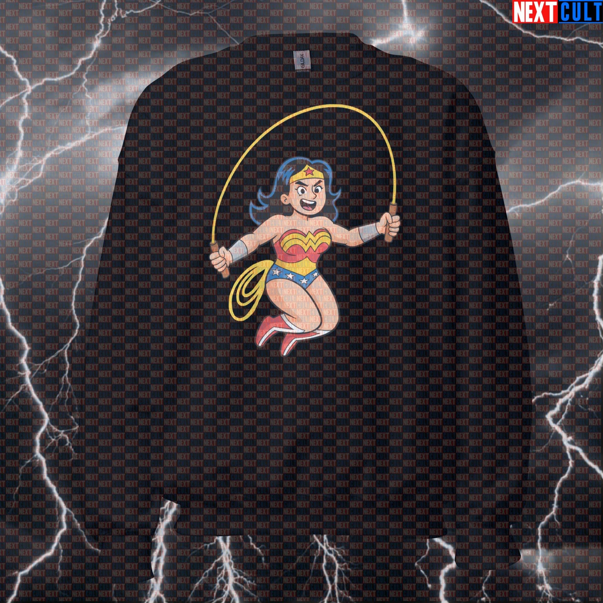 Wonder Woman Jump Rope Funny Gym Sweatshirt | Superhero Cardio Workout Pullover Sweatshirts Cardio Films Fitness Gym Justice League Pump Cover Superheroes Wonder Woman Workout Next Cult Brand