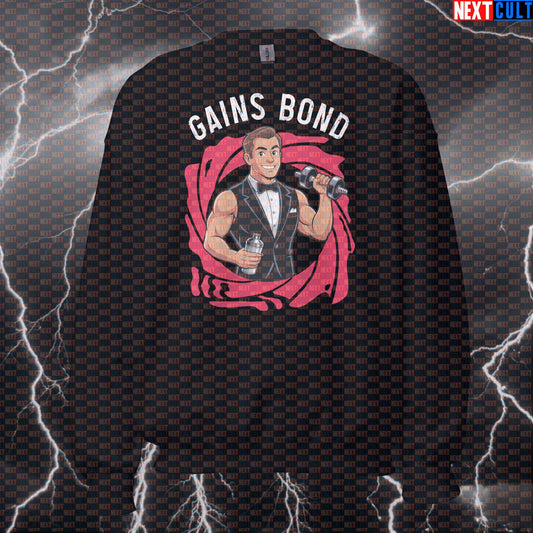 Gains Bond Secret Agent Gym Sweatshirt | Funny Workout Sweater For Lifters | Fitness Meme Pullover Sweatshirts Bodybuilding Films Fitness Gym Pump Cover Workout Next Cult Brand