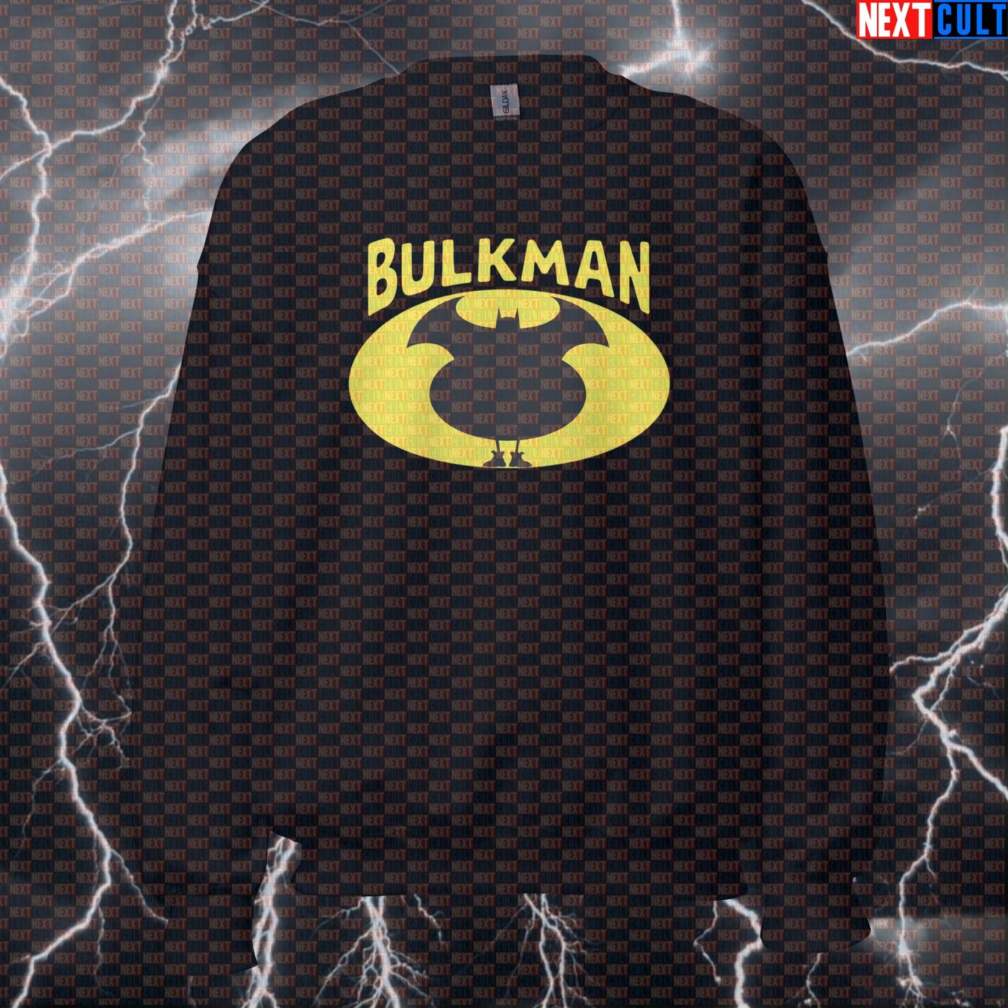 Bulkman Funny Gym Sweatshirt | Bulking Diet Batman Meme Pullover | Workout Sweater For Lifters & Gym Bros Batman Bodybuilding Bulking Fast Food Films Fitness Gym Justice League Pump Cover Superheroes Workout Next Cult Brand