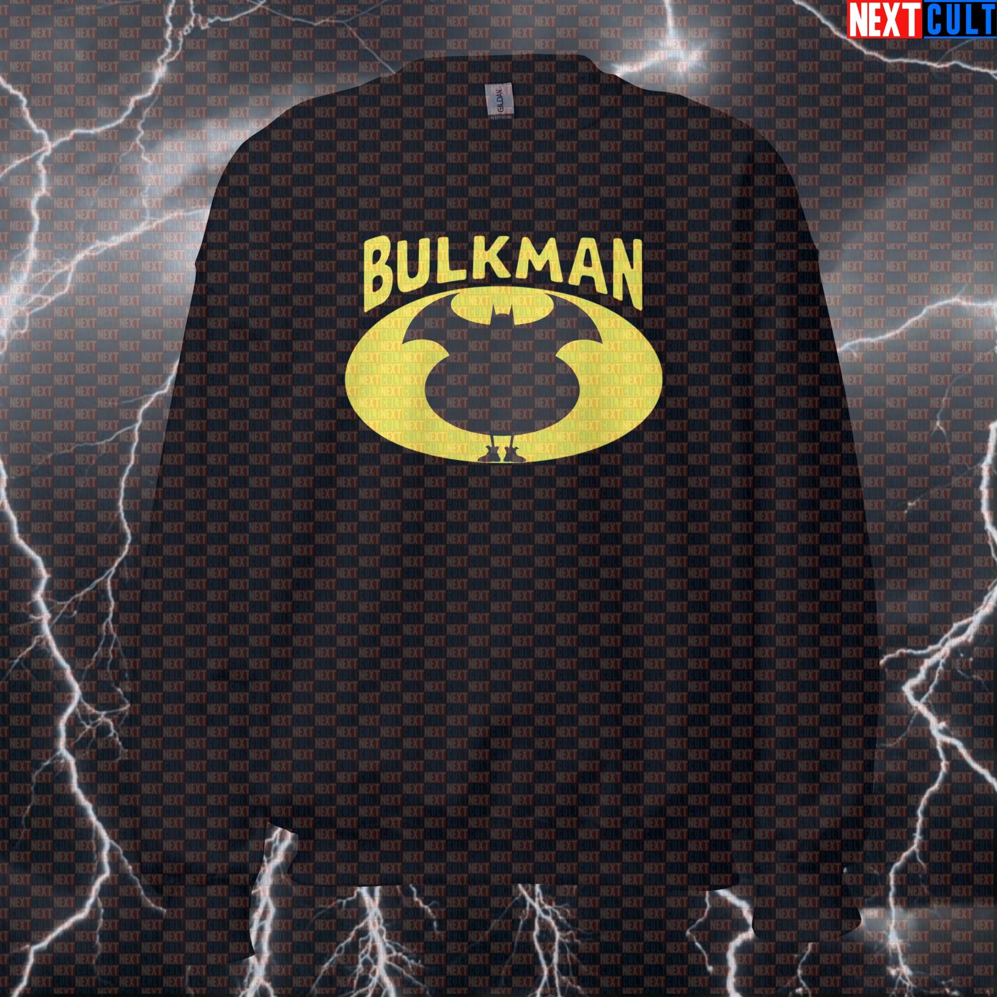Bulkman Funny Gym Sweatshirt | Bulking Diet Batman Meme Pullover | Workout Sweater For Lifters & Gym Bros Batman Bodybuilding Bulking Fast Food Films Fitness Gym Justice League Pump Cover Superheroes Workout Next Cult Brand