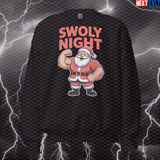 Swoly Night Funny Gym Sweatshirt | Swole Santa Claus Workout Sweater | Christmas Fitness Meme Pullover Bodybuilding Christmas Fitness Gym Pump Cover Workout Next Cult Brand