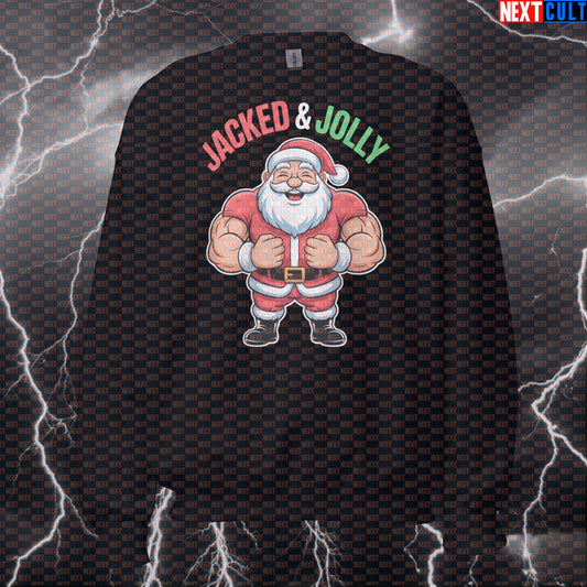 Jacked Jolly Swole Santa Gym Sweatshirt | Funny Christmas Workout Sweater For Lifters | Holiday Pump Cover Bodybuilding Christmas Fitness Gym Pump Cover Workout Next Cult Brand