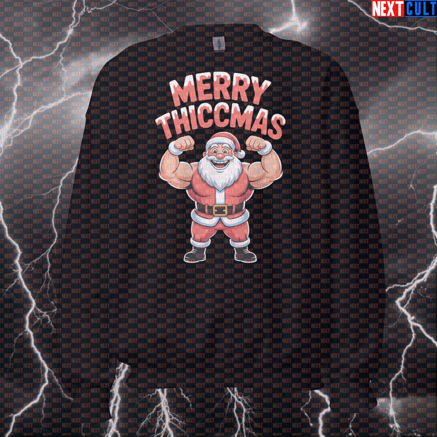 Merry Thiccmas Funny Gym Sweatshirt | Santa Claus Workout Sweater For Lifters | Festive Pump Cover Pullover Bodybuilding Christmas Fitness Gym Pump Cover Workout Next Cult Brand