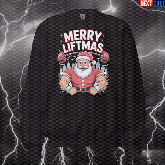 Funny Merry Liftmas Gym Sweatshirt | Santa Claus Workout Sweater For Lifters | Festive Pump Cover Pullover Bodybuilding Christmas Fitness Gym Powerlifting Pump Cover Workout Next Cult Brand