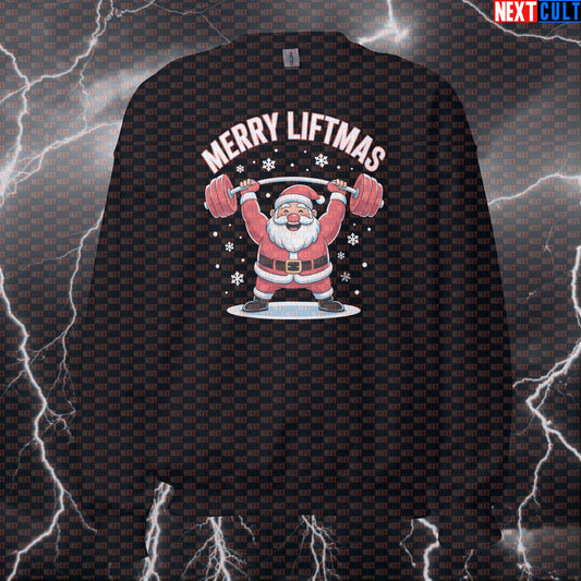 Merry Liftmas Funny Gym Sweatshirt | Santa Claus Barbell Workout Sweater | Christmas Pump Cover Pullover Bodybuilding Christmas Fitness Gym Powerlifting Pump Cover Workout Next Cult Brand