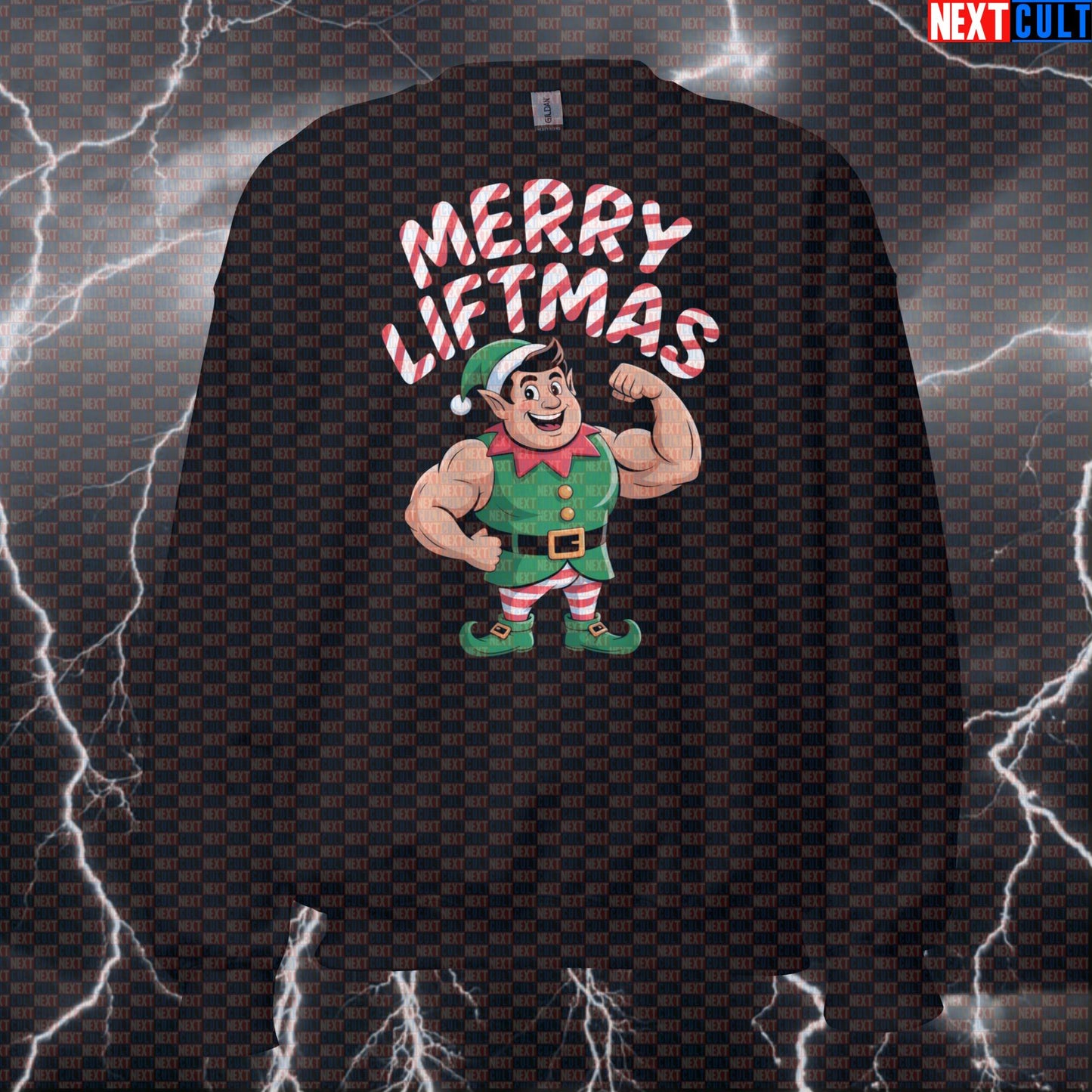 Merry Liftmas Funny Gym Sweatshirt | Christmas Elf Workout Sweater For Lifters | Festive Pump Cover Pullover Bodybuilding Christmas Fitness Gym Powerlifting Pump Cover Workout Next Cult Brand