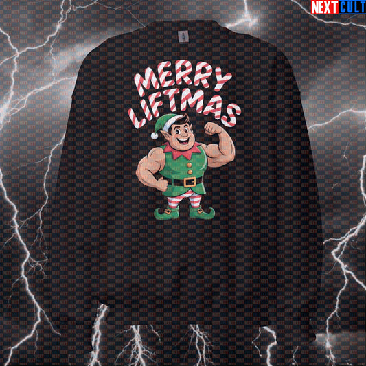 Merry Liftmas Funny Gym Sweatshirt | Christmas Elf Workout Sweater For Lifters | Festive Pump Cover Pullover Bodybuilding Christmas Fitness Gym Powerlifting Pump Cover Workout Next Cult Brand