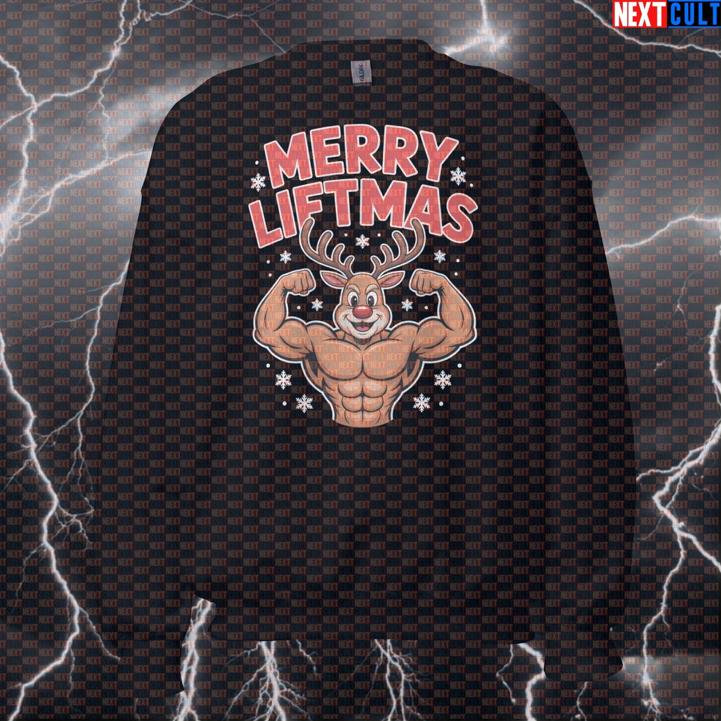 Funny Merry Liftmas Gym Sweatshirt | Christmas Workout Sweater For Gym Bros | Festive Pump Cover Pullover Bodybuilding Christmas Fitness Gym Powerlifting Pump Cover Workout Next Cult Brand