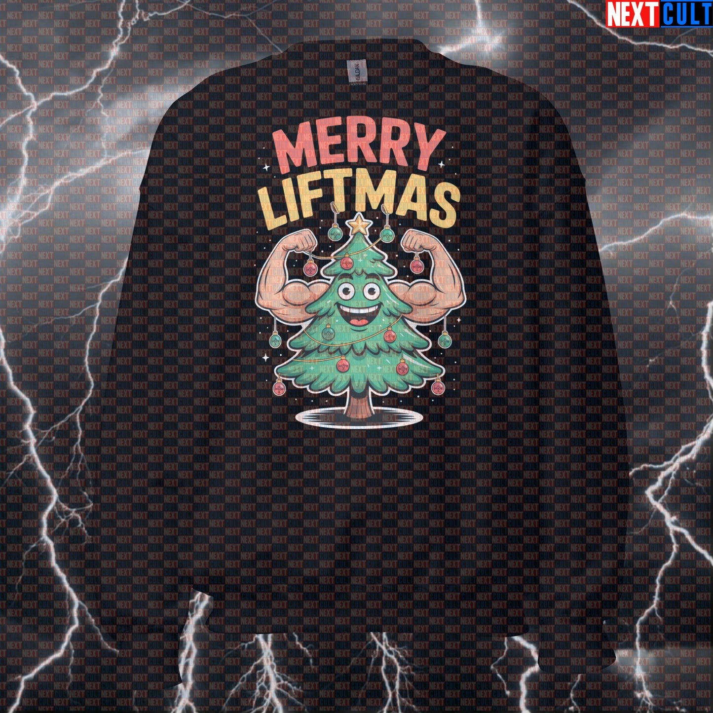 Merry Liftmas Funny Gym Sweatshirt | Jacked Christmas Tree Workout Sweater | Festive Pump Cover Pullover Bodybuilding Christmas Fitness Gym Powerlifting Pump Cover Workout Next Cult Brand