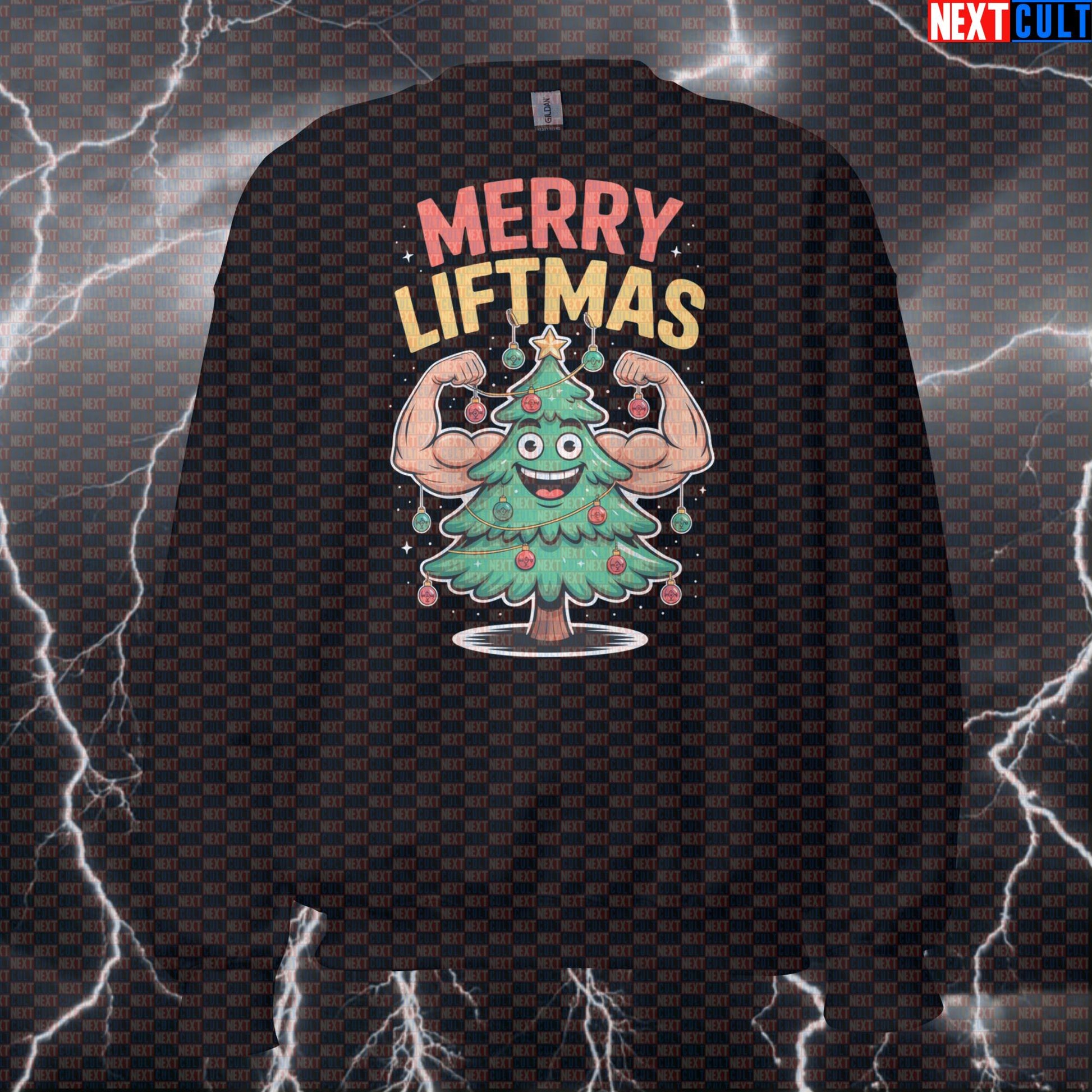 Merry Liftmas Funny Gym Sweatshirt | Jacked Christmas Tree Workout Sweater | Festive Pump Cover Pullover Bodybuilding Christmas Fitness Gym Powerlifting Pump Cover Workout Next Cult Brand
